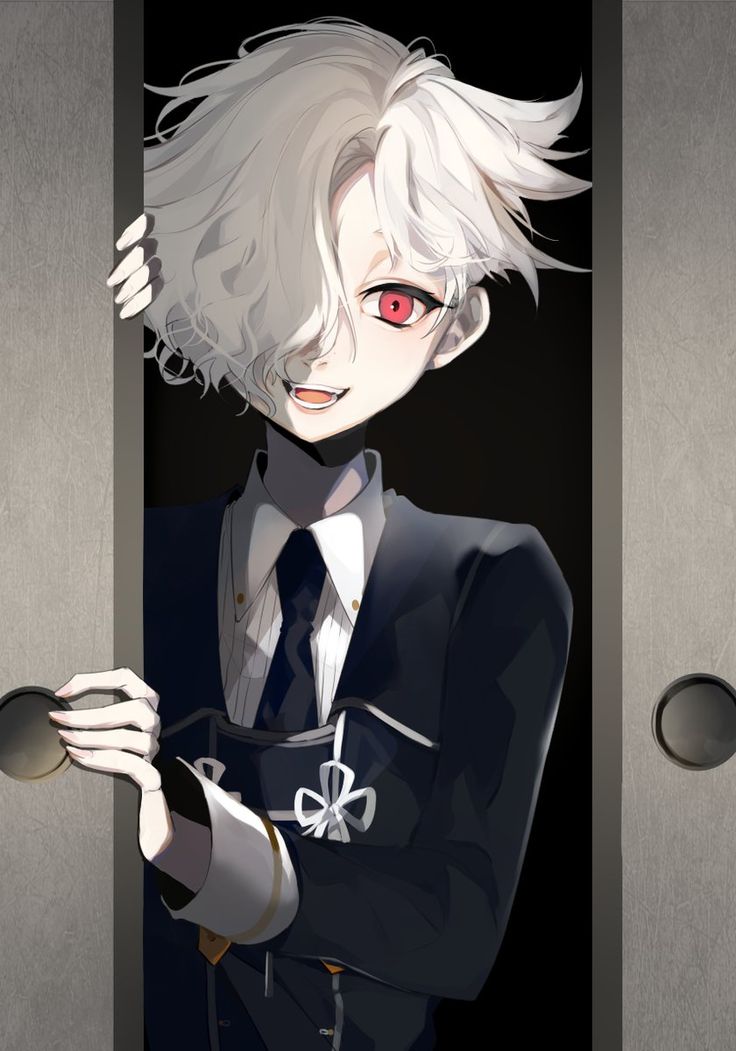 an anime character with white hair wearing a suit and tie, holding onto the door