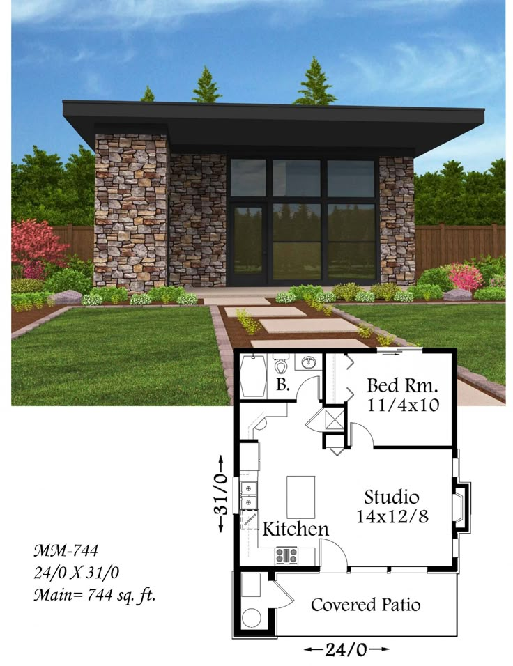 this is the floor plan for a small modern home with an open concept and lots of natural greenery