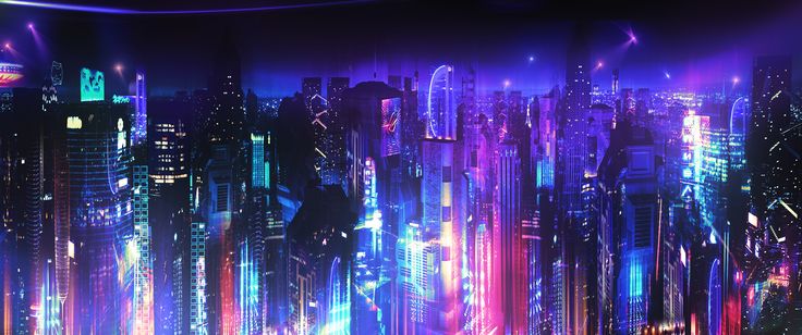 a futuristic city with neon lights and skyscrapers