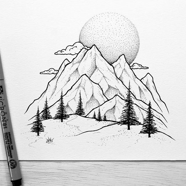 a pencil drawing of mountains and trees with the sun in the sky above them on paper