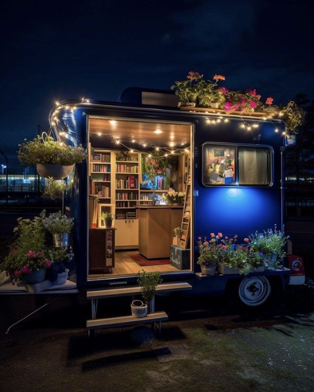 a blue trailer with plants and lights on it