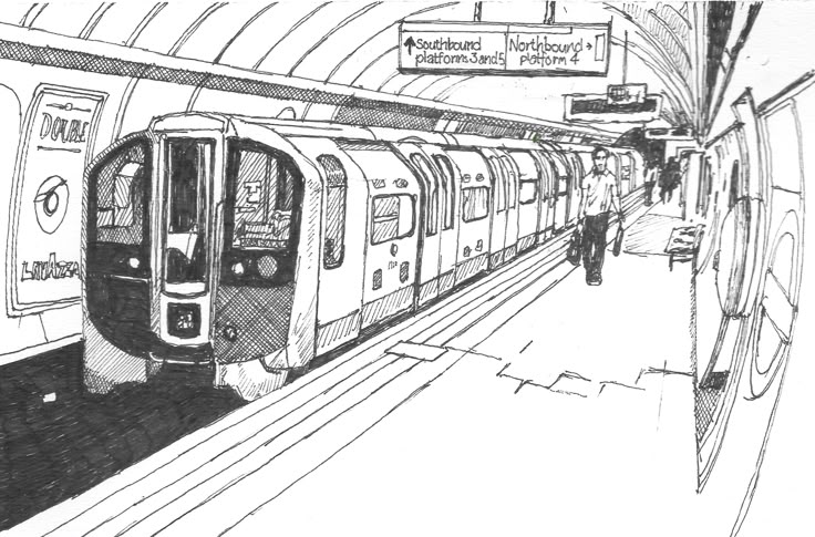 a black and white drawing of a subway train