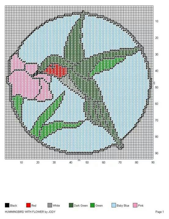 a cross stitch pattern with a pink flower in the center