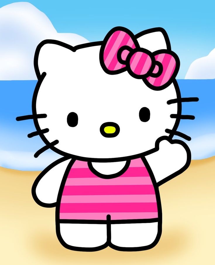 hello kitty on the beach with her pink and white striped shirt, standing in the sand