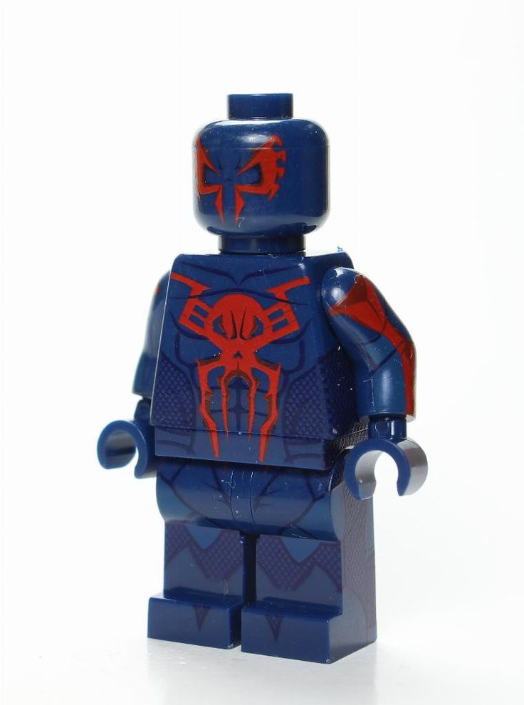 a blue and red lego figure with a spider man on it's back end