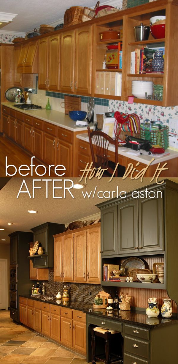 before and after pictures of a kitchen with wood cabinets