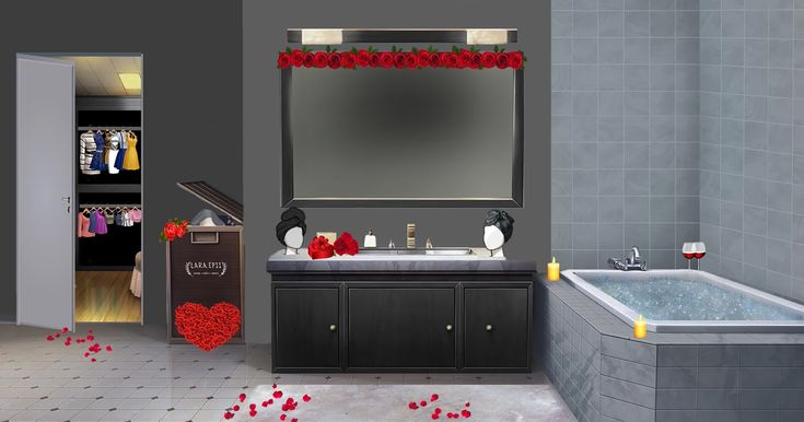 a bathroom decorated for valentine's day with rose petals on the floor and bathtub