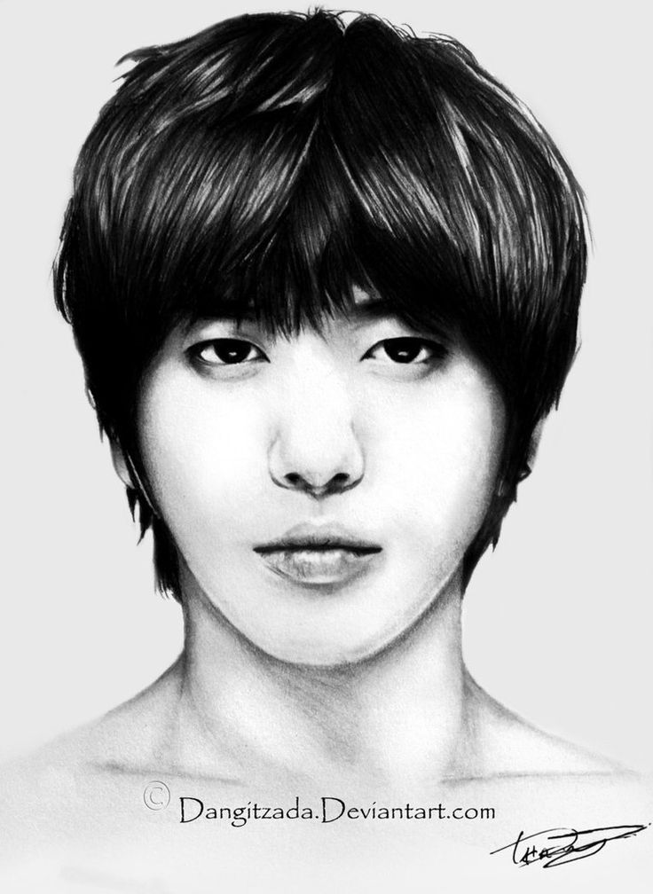 a black and white drawing of a young man with bangs on his head, looking at the camera