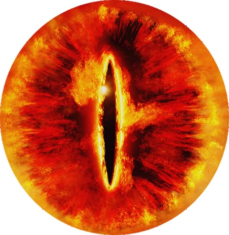 an orange eyeball with the letter o in it's center and red flames