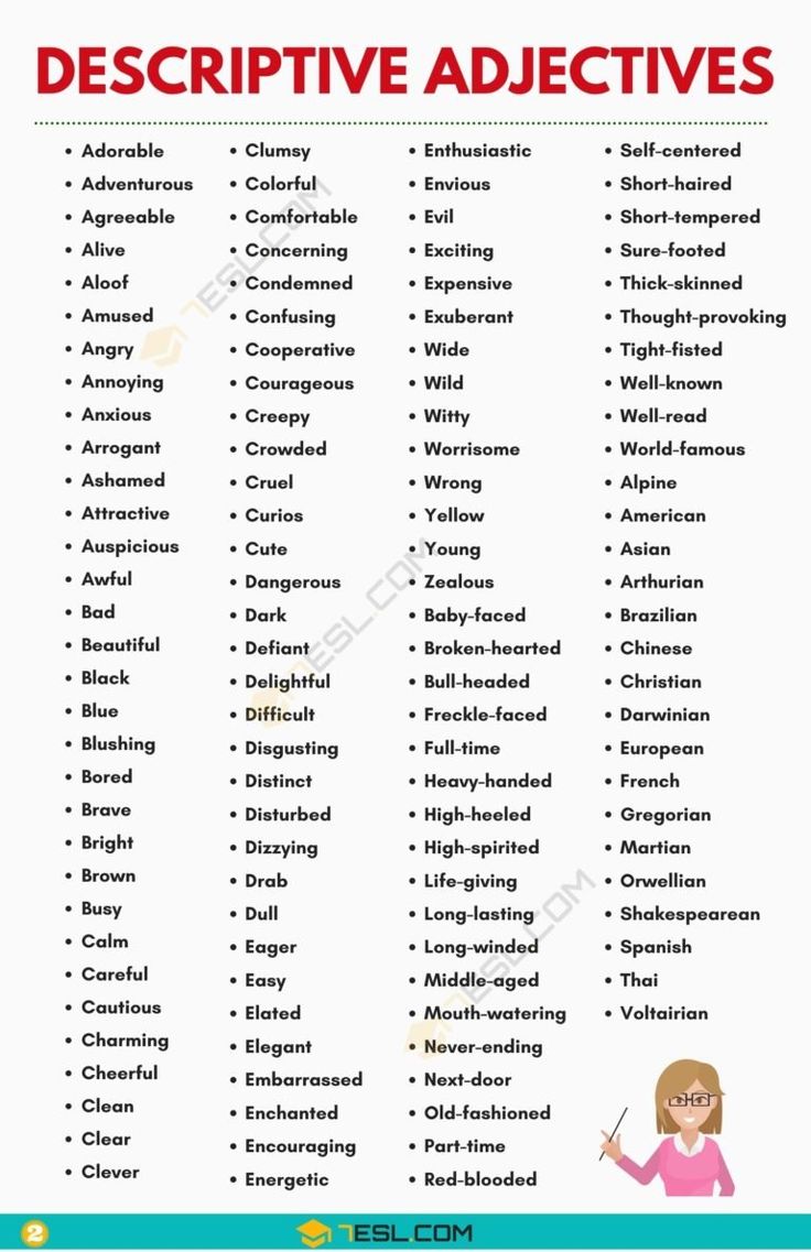 descriptive adjective list for students to use in their writing and speaking skills, including the