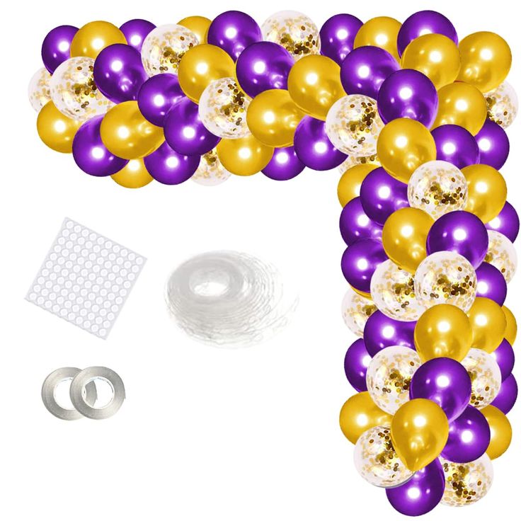 purple and gold balloons are arranged in the shape of letter p