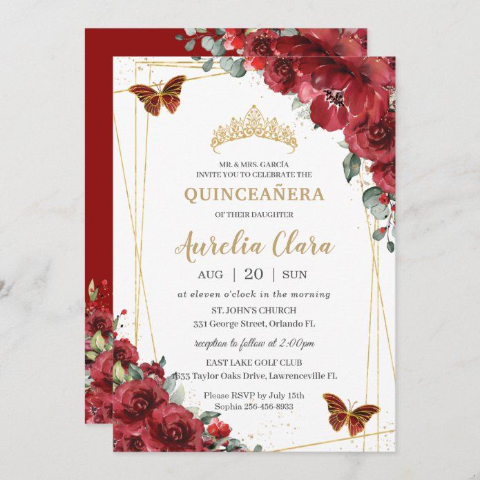 Chic Quinceañera Red Flowers Floral Gold Butterfly Invitation | Zazzle