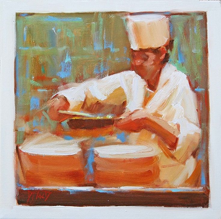 an oil painting of a chef preparing food