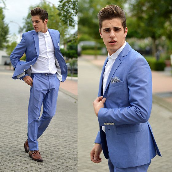 Baby blue suit for men's formal occasions. Good for weddings Blue Suit No Tie, Engagement Suits For Men, Suits For Men Blue, Suit No Tie, Engagement Suits, Men Suits Blue, Men Ootd, Summer Wedding Suits