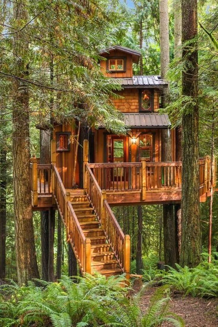 a tree house in the woods with stairs leading up to it's second story