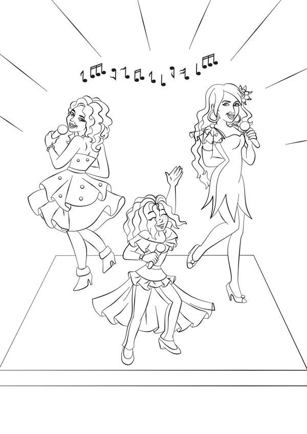 three girls singing on stage with musical notes in the background coloring page for children's books