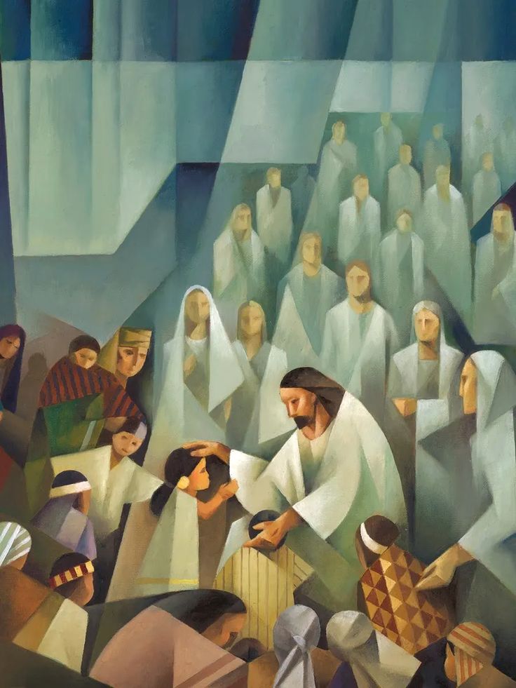 a painting of many people standing in front of each other and one person holding something