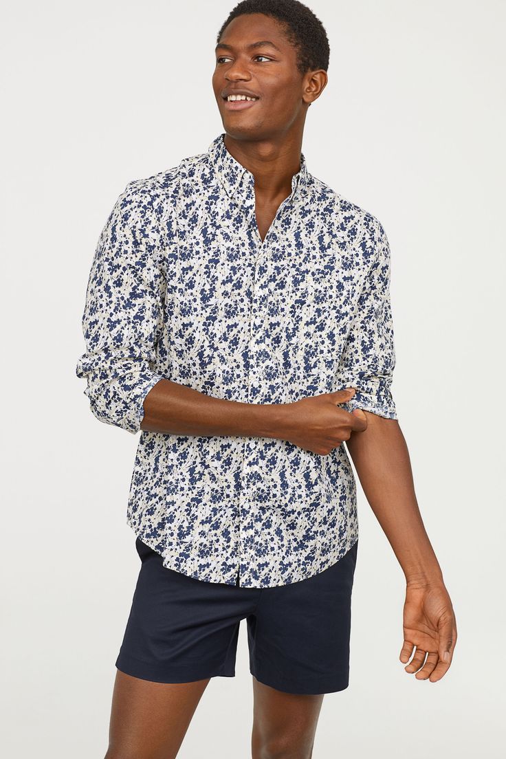 Cotton Shirt Regular fit - White/patterned - Men | H&M US Cool Rooms, White Patterns, Cotton Weaving, Online Fashion, Cotton Shirt, Casual Button Down Shirt, H&m, Men Casual, Cotton Fabric