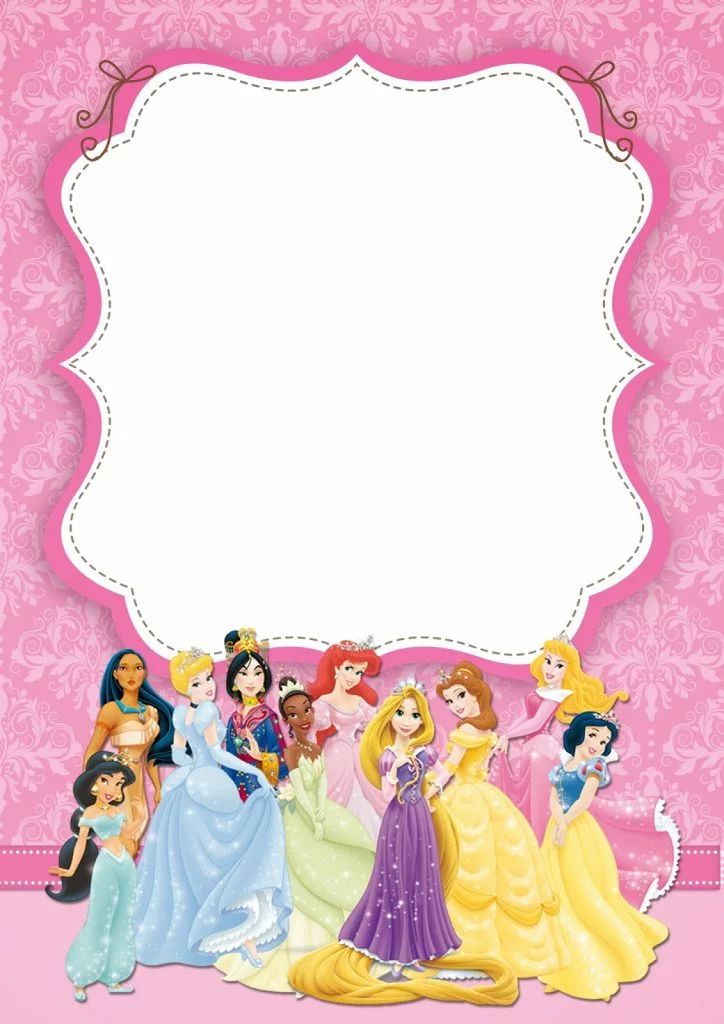 disney princesses are lined up in front of a pink background with a white frame