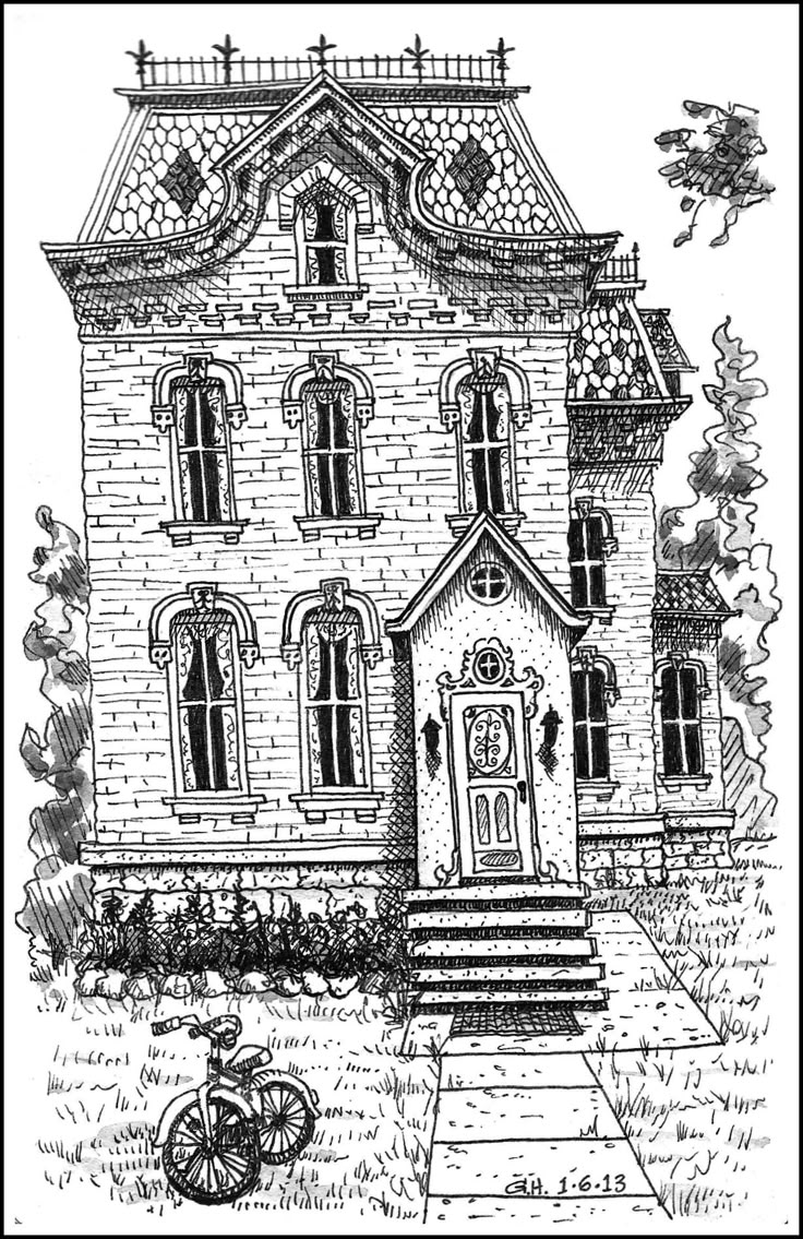 a drawing of a house with a bicycle parked in front