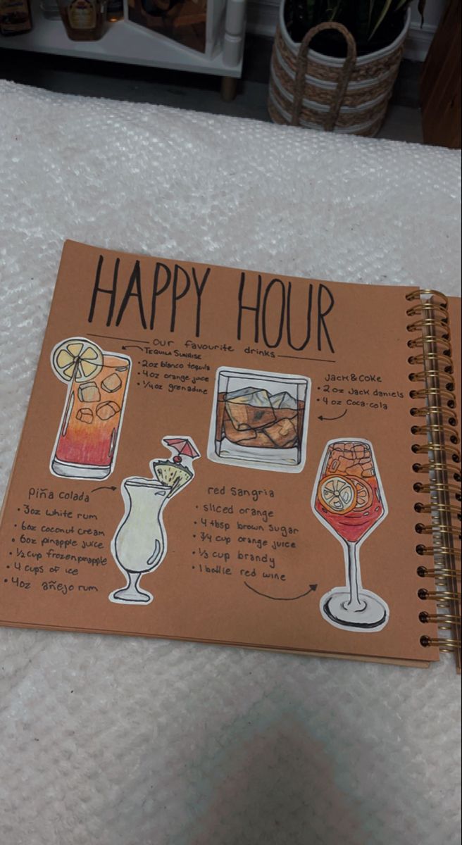 Scrapbook page idea drink menu recipe piña colada rum and coke sangria recipe tequila sunrise Diy Cocktail Recipe Book, Cocktail Recipe Book Diy, Ex Boyfriend Cocktail Ideas, Cute Scrapbook Pages For Boyfriend, Book Of Memories For Boyfriend, Scrape Book For Boyfriend, Scratch Book Ideas For Boyfriend, Scrapbook Page Ideas For Boyfriend Diy, Scrapbook For Him Page Ideas