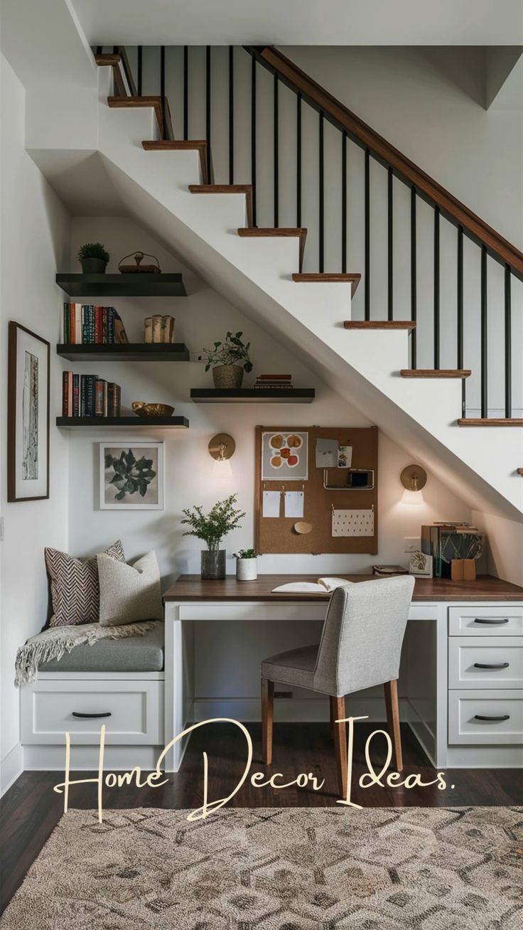 a home office under the stairs with built - in desks and storage space underneath