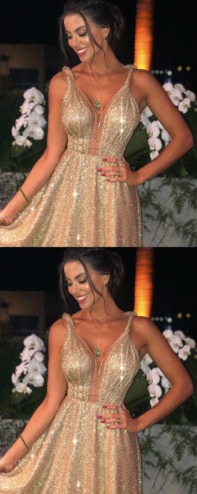 Gold V-neck Evening Dress With Sweep Train, Spaghetti Strap Evening Dress For Prom, Elegant V-neck Gown For Homecoming, Gold Prom Gown With Sweetheart Neckline, Champagne V-neck Gown For Prom, Gold Bridesmaid Gown For Prom Season, Gold Evening Dress With Sweetheart Neckline For Prom, Champagne V-neck Dress For Prom Season, Gold V-neck Dresses With Sweep Train