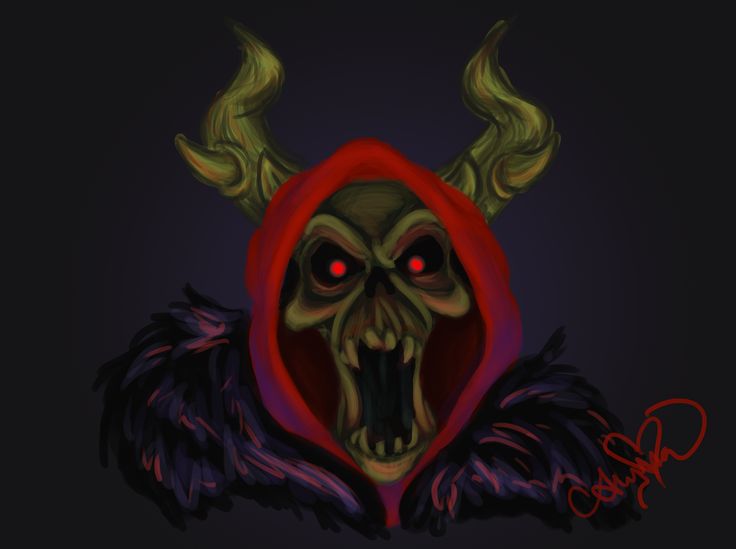 a drawing of a demon with red eyes and horns on it's head, in front of a black background