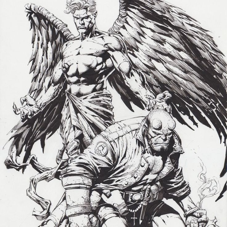 a black and white drawing of an angel standing next to a man with wings on his head