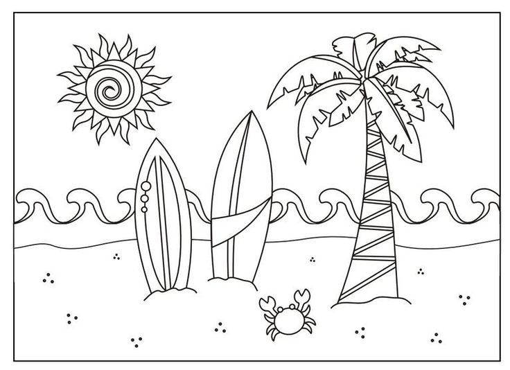 a coloring page with surfboards and palm trees