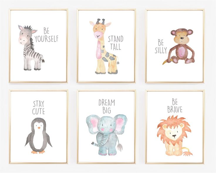 four children's wall art prints with animals and words in different colors on them