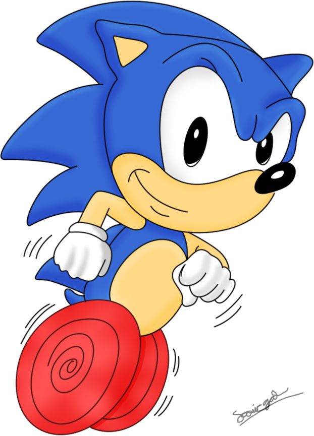 sonic the hedge running with a red frisbee in his hand and an arrow