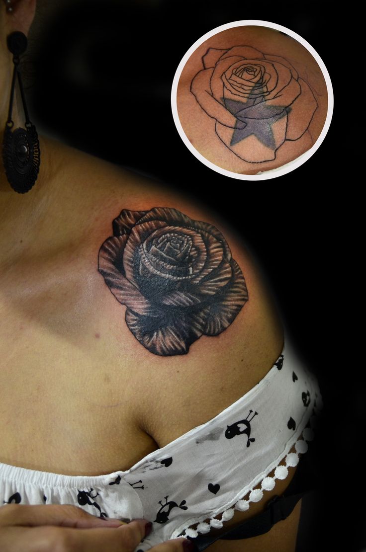 a woman with a rose tattoo on her shoulder