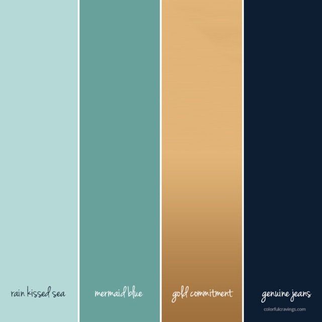 four different shades of blue, brown and green