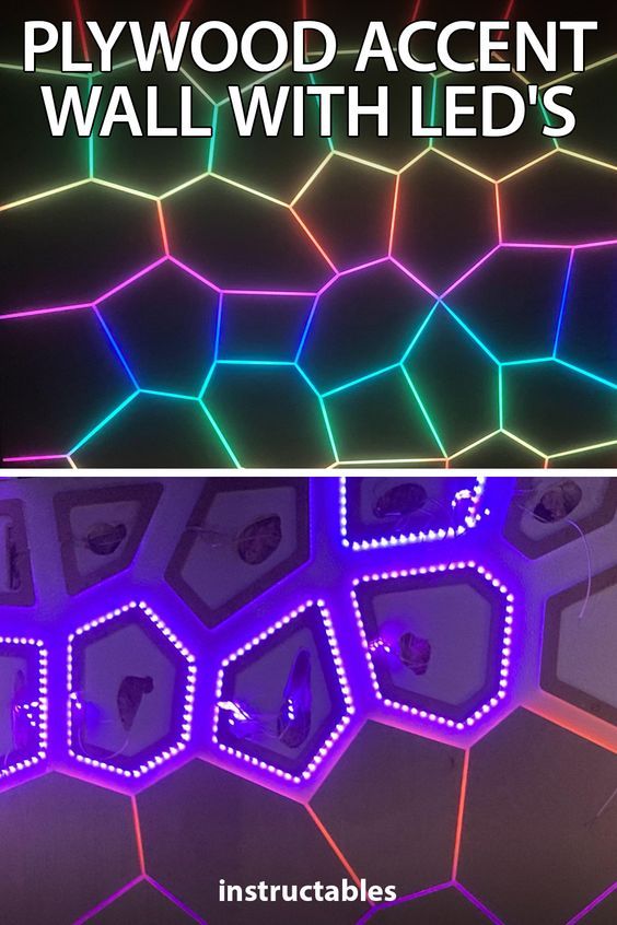 two images with the words plywood accent wall with led's in them and an image of hexagonal tiles