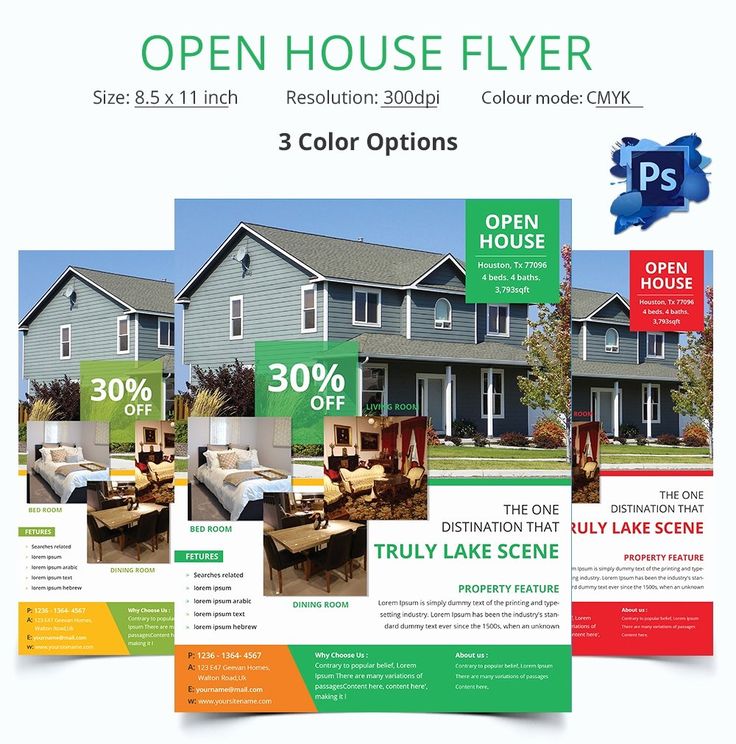 an open house flyer is shown in three different colors