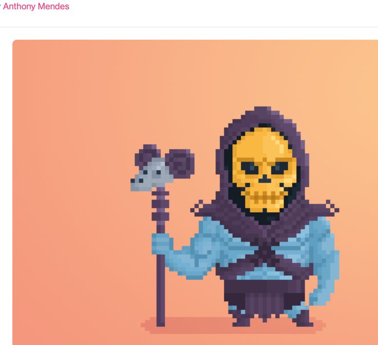 a pixel art image of a skeleton holding a hammer and wearing a black hooded jacket