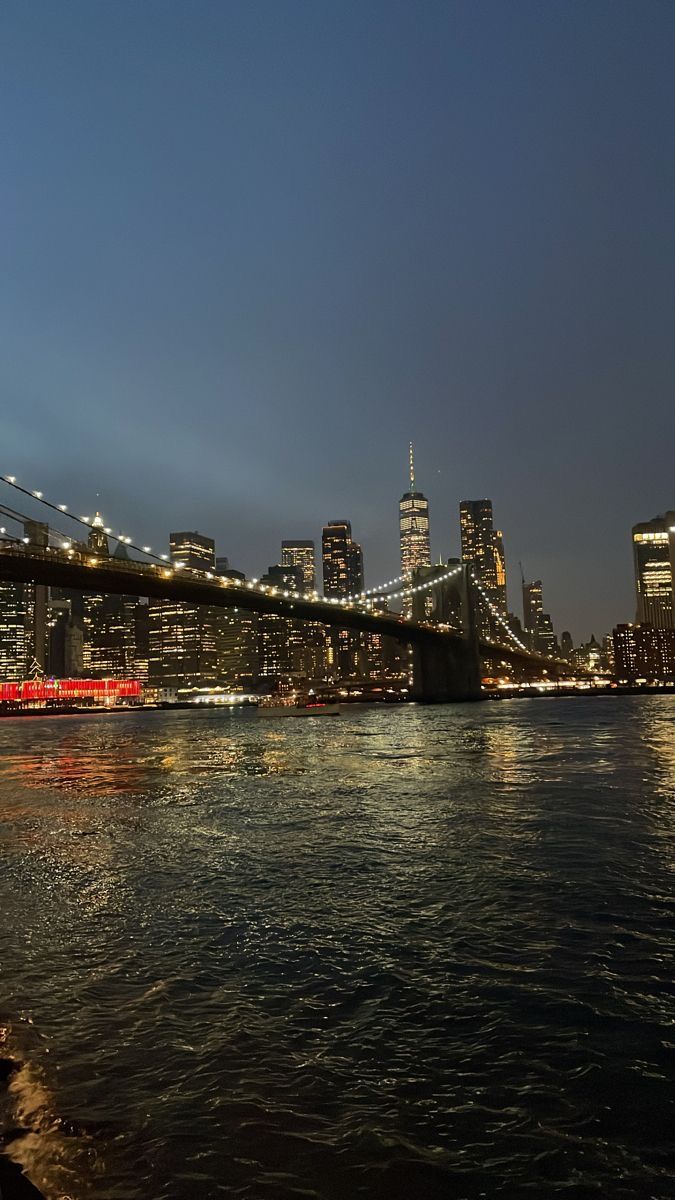 the city skyline is lit up at night as seen from across the water in front of a bridge