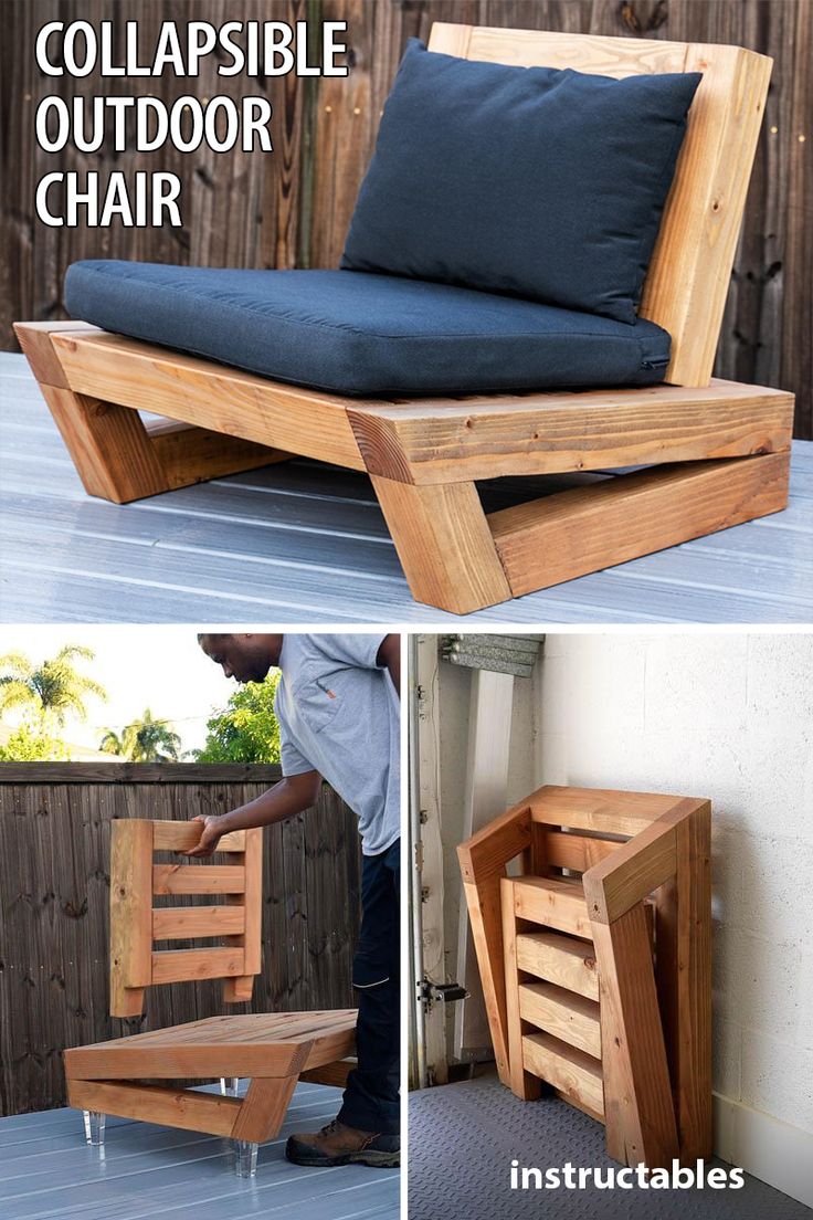 diy collapsible outdoor chair made out of pallet wood and black cushions