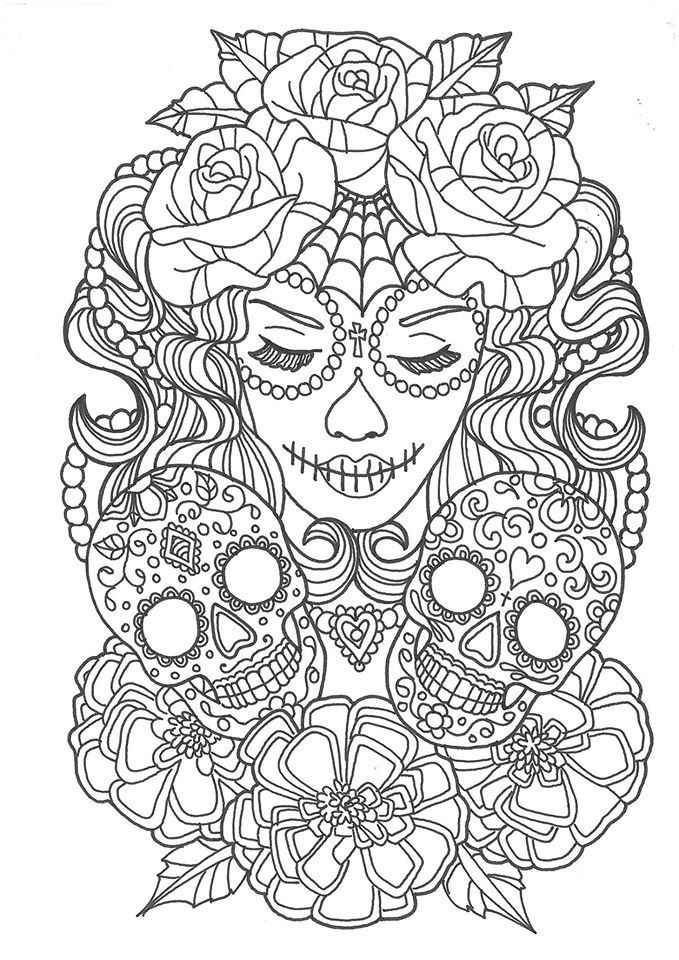 a woman with sugar skulls and roses on her head, in the shape of a skull