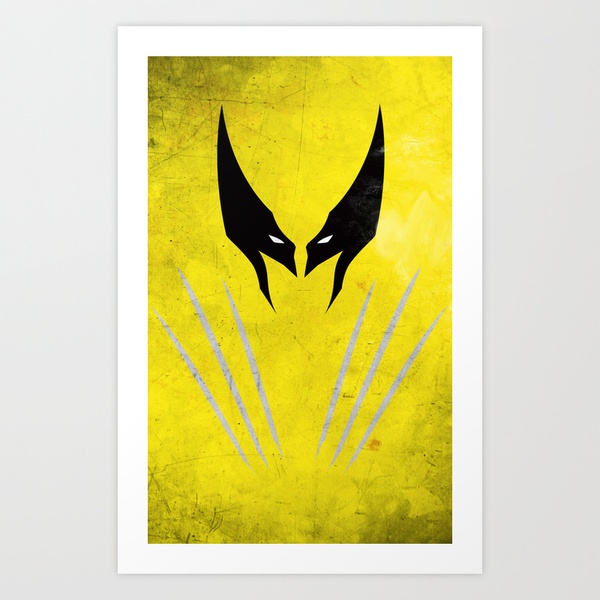 a yellow and black poster with an image of wolverine's face on the front