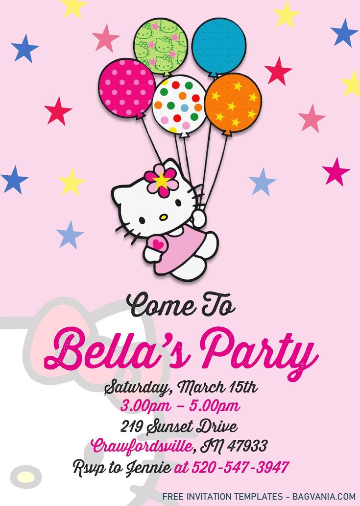 a hello kitty birthday party with balloons and stars on the background, is shown in pink