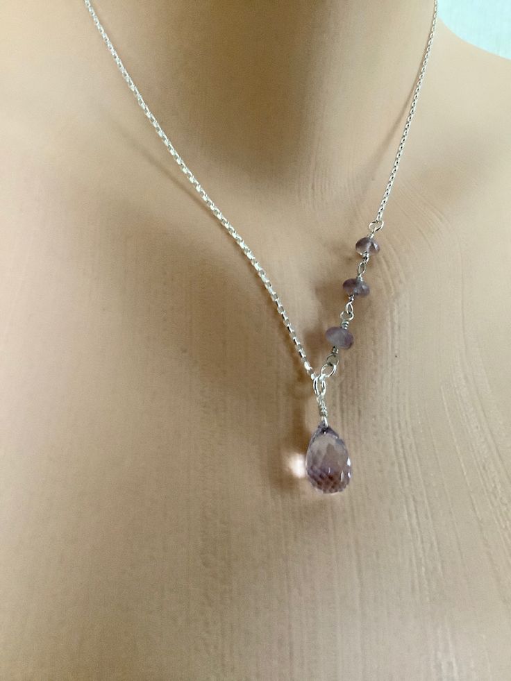 Lavender Dream- Lovely lavender amethyst faceted teardrop with three amethyst beads and diamond cut rolo chain of 925 sterling silver. It will make a womderful gift or a bitmof an indulgence for you. Lavender Amethyst, Sterling Necklace, Sterling Necklaces, Beaded Statement Necklace, Necklace Gemstone, Custom Earrings, Rolo Chain, Quartz Necklace, Stylish Jewelry