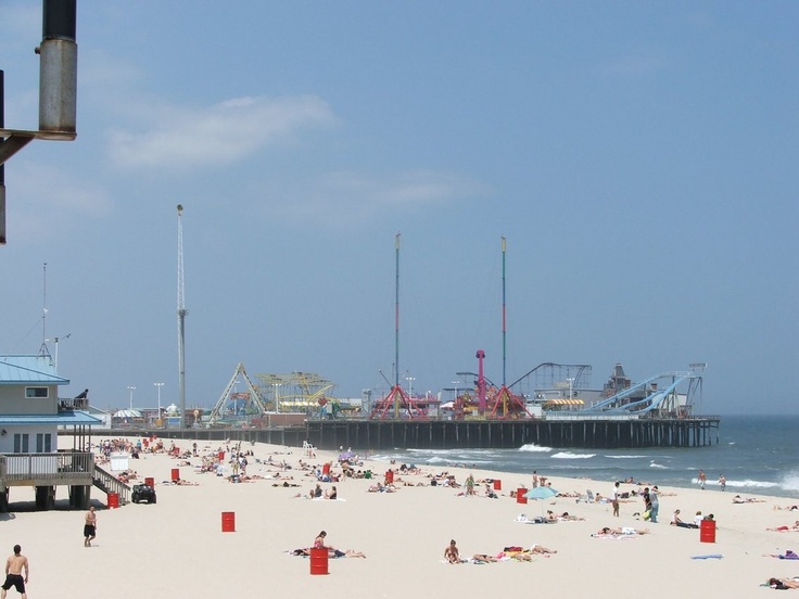 people are on the beach and in the water near an amusement park with roller coasters