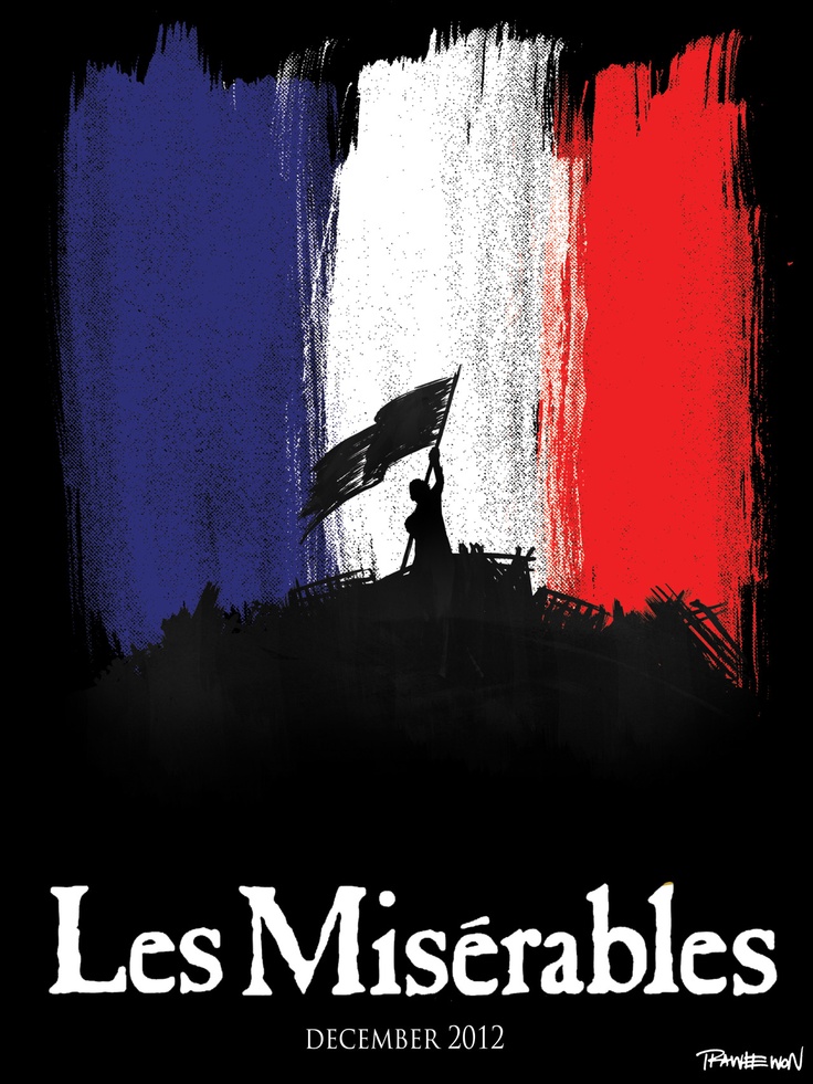 a poster with the words les miserables written in white, red, and blue