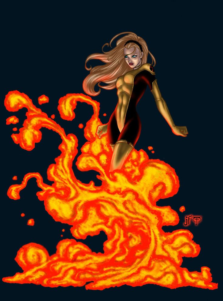 a drawing of a woman flying through the air with fire coming out of her body