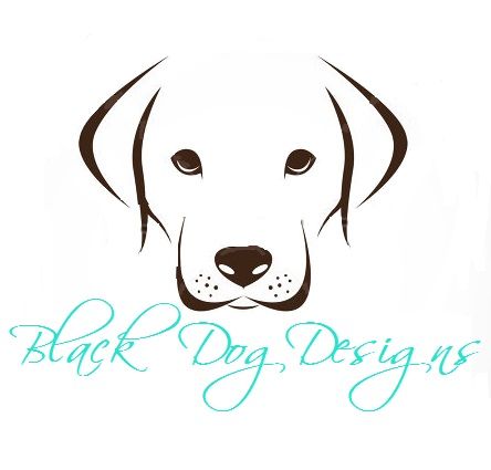 a dog's face with the words black dog designs in blue ink on it