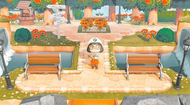 an animal crossing game with benches and flowers