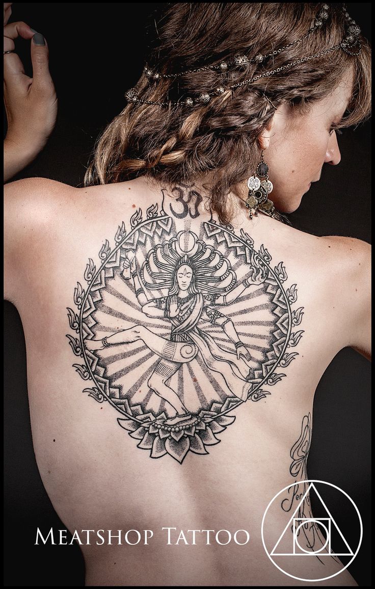 the back of a woman's tattoo with an image of a person on it