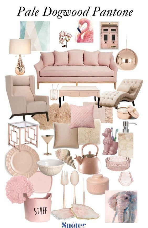 a collage of pink furniture and accessories in pastel colors with the ...